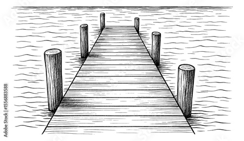 Illustration of wooden pier stretching into water with horizon in background
