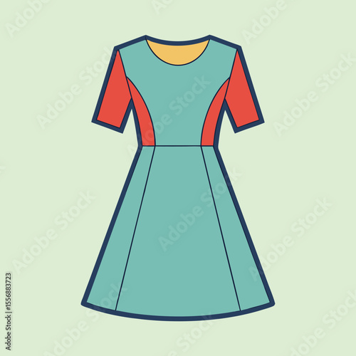 Stylish colorful dress with short sleeves and flared skirt design