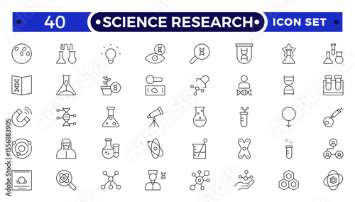 Scientific research and science Outline icon collection. Laboratory. Chemical experience and experiment. Molecule and atom.