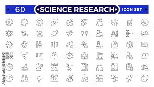 Scientific research and science Outline icon collection. Laboratory. Chemical experience and experiment. Molecule and atom.