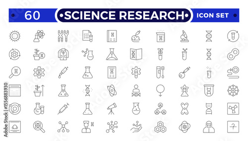 Scientific research and science Outline icon collection. Laboratory. Chemical experience and experiment. Molecule and atom.