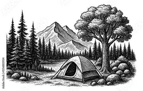 Camping Tent in Forest with Mountains and Tree in Engrave Black and White Detailed Drawing