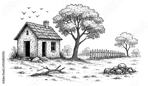 Detailed Ink Drawing of a Stone Cottage with Trees and a Picket Fence in a Countryside Scene