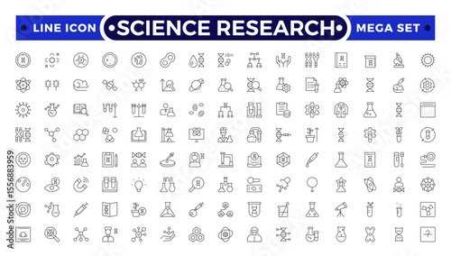Scientific research and science Outline icon collection. Laboratory. Chemical experience and experiment. Molecule and atom.