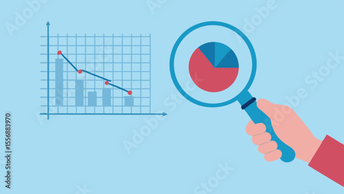 Hand holding magnifying glass over pie chart next to declining bar graph