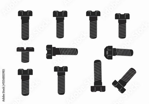 Seamless pattern of stylized black and grey bolts illustration background. Various bolt types and orientations for hardware, construction, and repair design.