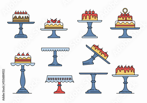 Assorted cakes on various cake stands, illustrated in a simple line art style, perfect for dessert, bakery, or celebration themes.