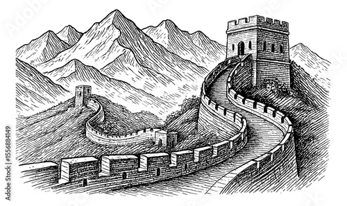 Great Wall of China with Mountains in Detailed Vintage Black and White Engraving Style