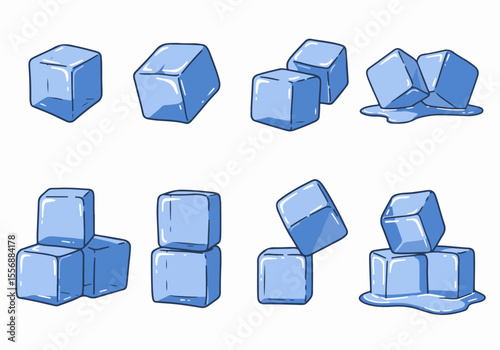 Set of blue cartoon ice cubes illustration, isolated vector collection featuring various shapes and some melting cubes on white background.