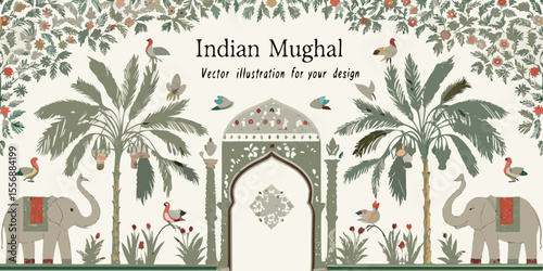 Indian mughal inspired illustration with elephants palm trees and ornate archway