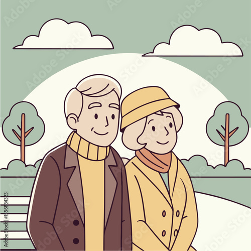 Happy Elderly Couple in Park – Senior Love and Autumn Outing Illustration