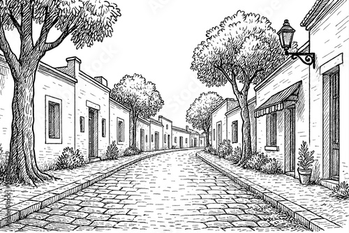 Perspective View of a Quaint Cobblestone Street Lined with Buildings and Trees in Line Art