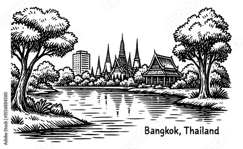 Bangkok Thailand cityscape with temples and buildings reflected on river engraved style illustration
