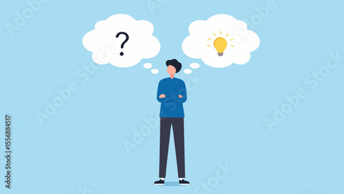 Man with question mark and lightbulb in thought bubbles contemplating a decision