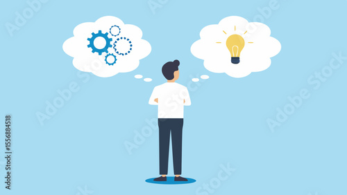 Man contemplating between mechanical gears and a bright idea lightbulb