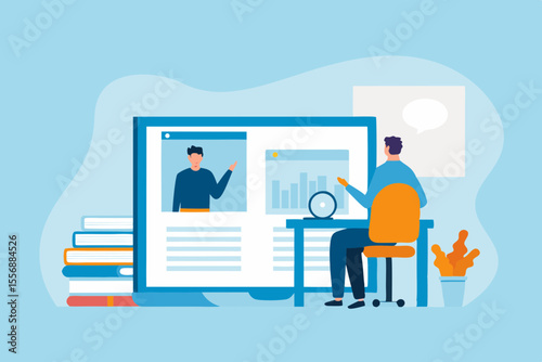Man attending online webinar or virtual meeting with presentation and books