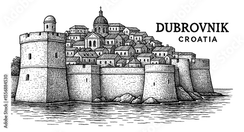 Hand Drawn Illustration of Dubrovnik Croatia Cityscape with Black and White Sketch Art