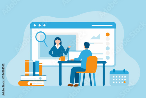 Man learning online from teacher on computer screen with books and calendar