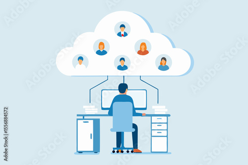 Man working at desk connected to a cloud of diverse people profiles