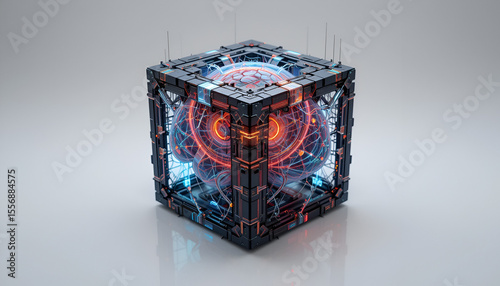 Futuristic artificial intelligence brain encased in a cube with glowing neon elements and intricate circuit details for tech concepts.