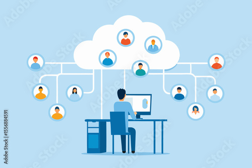 Man working at computer connected to a cloud network with diverse people icons