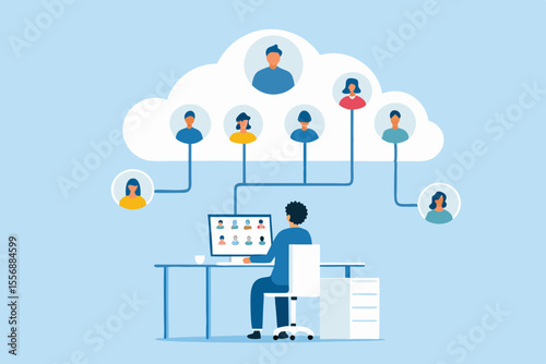 Man working remotely connecting with diverse team members through cloud based video conference