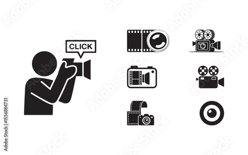 Illustrative Depiction of Photography and Videography Equipment and Activities with a Silhouette of a Person Holding a Camera and Other Camera Icons