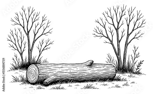 Illustration of a log in a forest clearing with trees in the background