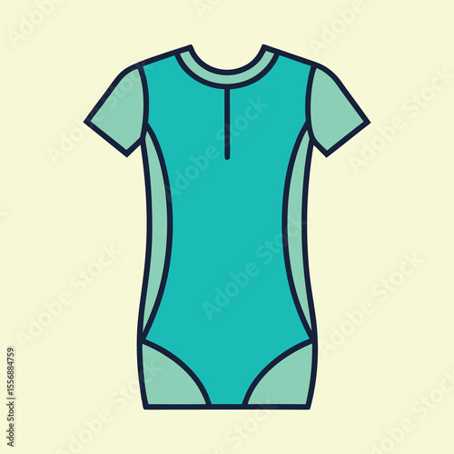 Teal Blue and Green Short Sleeve Bodysuit Swimsuit with Outlines Illustration