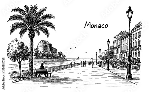 Monaco city street view with palms, people and buildings hand drawn detailed line art