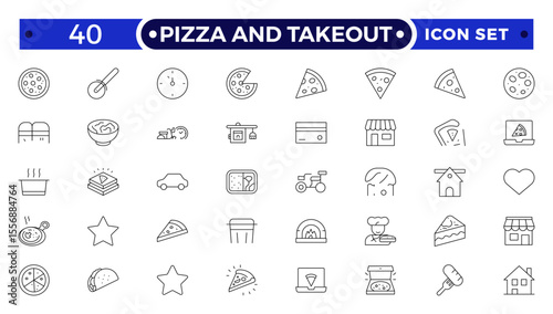 Pizza and takeout. Fast food outline icons. Fast food vector icon line set. Burger sandwich pizza hot dog cola coffee sweets.