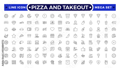 Pizza and takeout. Fast food outline icons. Fast food vector icon line set. Burger sandwich pizza hot dog cola coffee sweets.