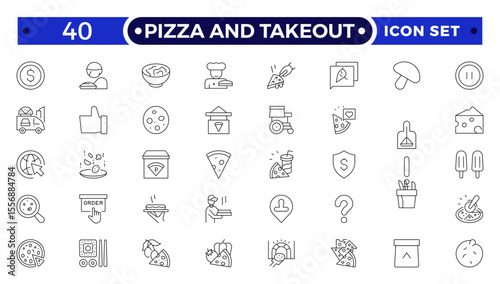 Pizza and takeout. Fast food outline icons. Fast food vector icon line set. Burger sandwich pizza hot dog cola coffee sweets.