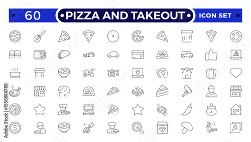 Pizza and takeout. Fast food outline icons. Fast food vector icon line set. Burger sandwich pizza hot dog cola coffee sweets.
