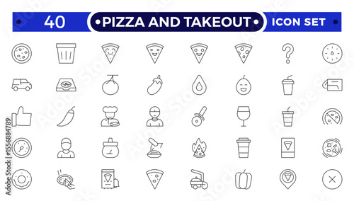 Pizza and takeout. Fast food outline icons. Fast food vector icon line set. Burger sandwich pizza hot dog cola coffee sweets.