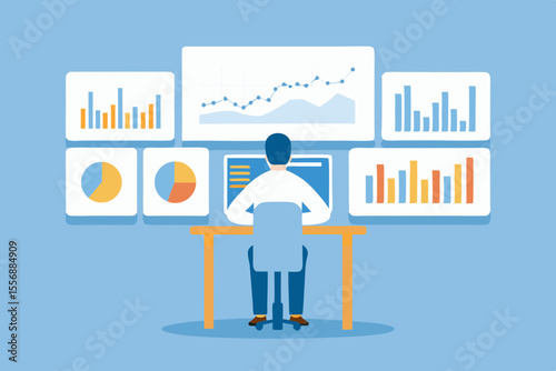 Person analyzing multiple financial charts and graphs on computer screens