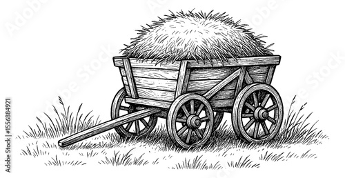 Vintage Illustration of Wooden Hay Wagon Full of Hay on Grass Field Isolated on White Background