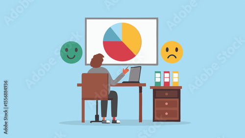 Person analyzing pie chart on whiteboard with happy and sad faces indicating feedback