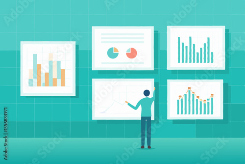 Business analyst presenting financial data and charts on a wall