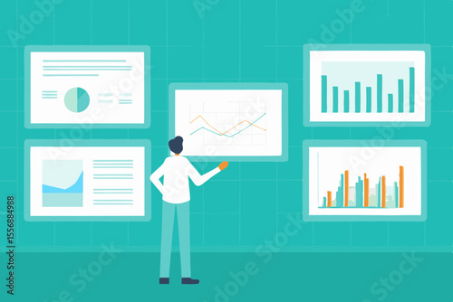 Man presenting various financial and data charts on a screen wall