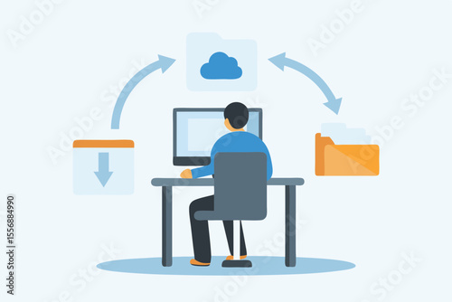 Person working at computer transferring files to and from cloud storage