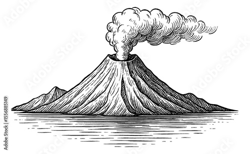 Volcano erupting smoke and lava with mountain range detailed engraving line art drawing