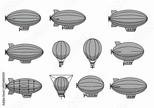 Set of Vintage Style Zeppelin and Hot Air Balloon Illustrations on White Background