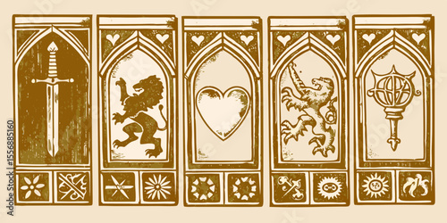 Medieval heraldic symbols in decorative frames with floral motifs below