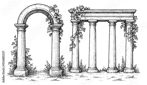 Ancient Architectural Ruins with Vines and Grass in Detailed Black and White Illustration