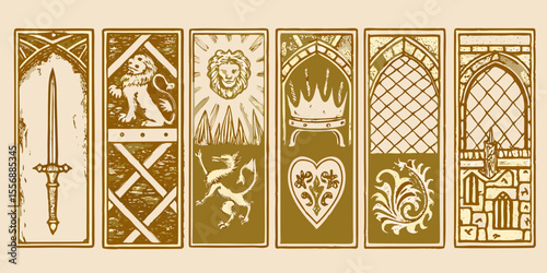 Collection of six medieval style heraldic emblems featuring a sword lion crown and heart