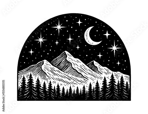 Engraved illustration of mountains and trees under a starry moonlit night vector graphic