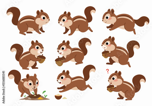 Cartoon illustration set featuring a cute chipmunk in various poses and actions, including running, holding acorns, and digging, isolated on white.
