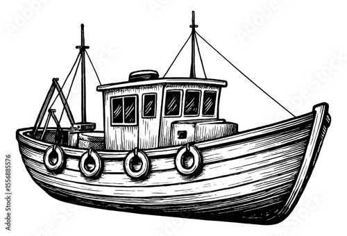 Boat Floating on Water in Vintage Detailed Black and White Outline Line Art Drawing