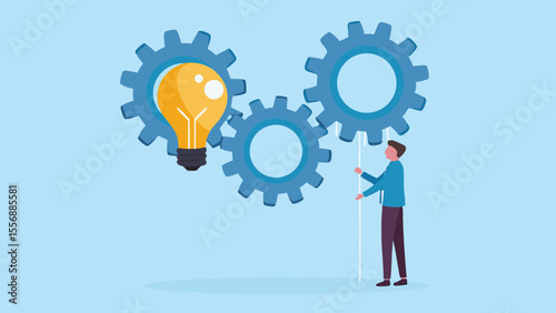 Businessman activating a light bulb idea with interconnected gears mechanism